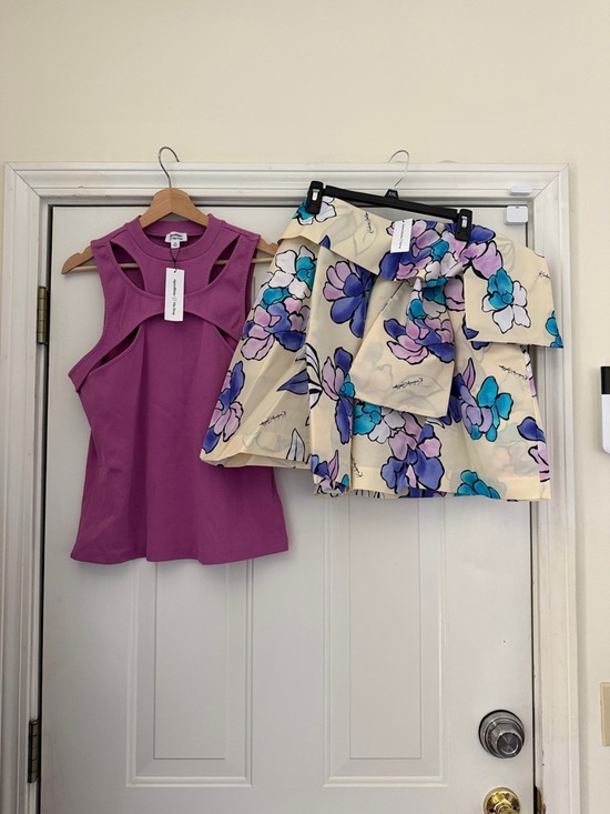 harlems fashion row Pants - High-Waist Women’s Shorts with large bow in Orchid Purple & orchid tank top.